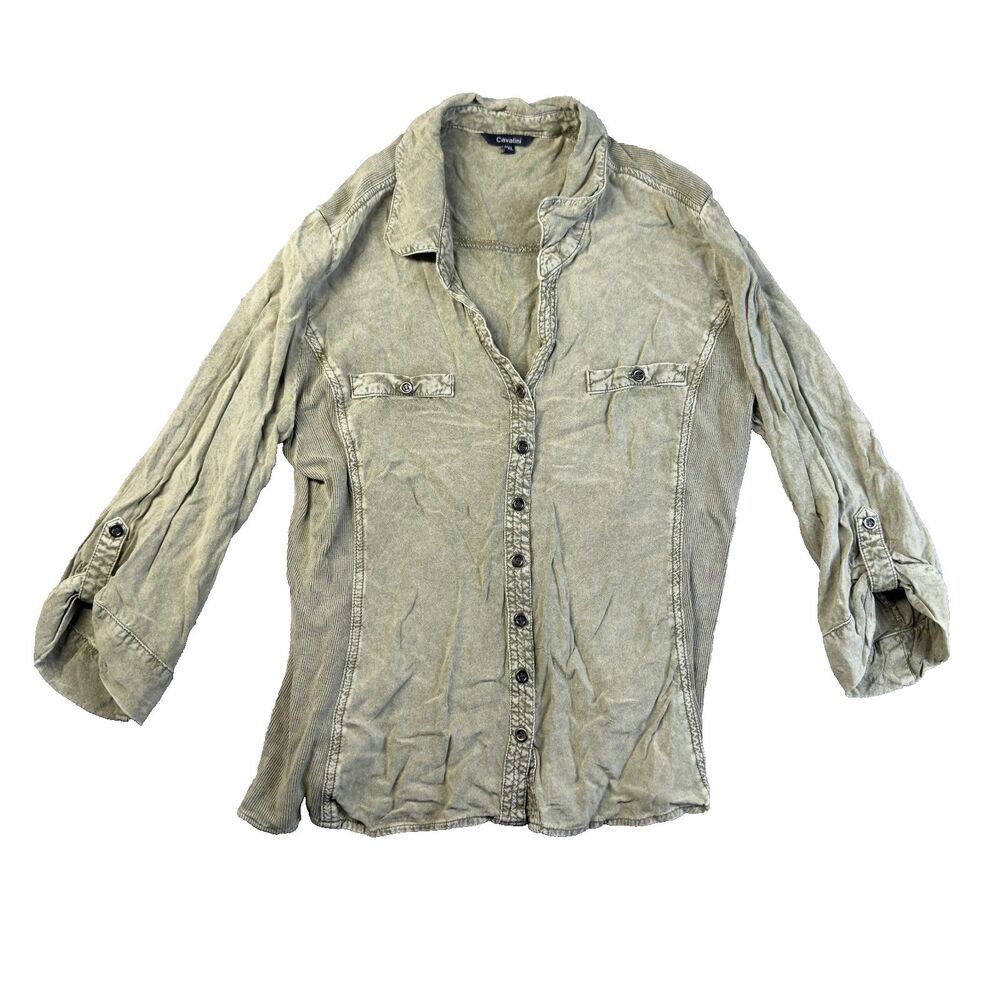 Cavalini Shirt Women Extra Large Petite Green Button Up Roll-Tab Sleeve Collared